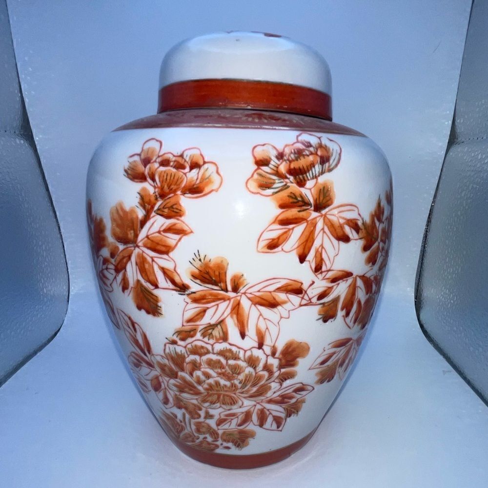 Vintage white orange floral ginger jar